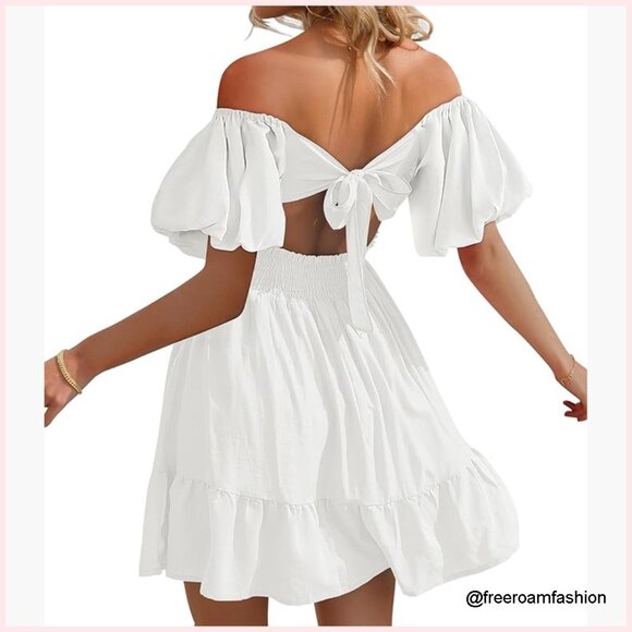 Dresses & Skirts - Summer Mini Dress with Square Neck and Tie Back, Off Shoulder Lantern Sleeves